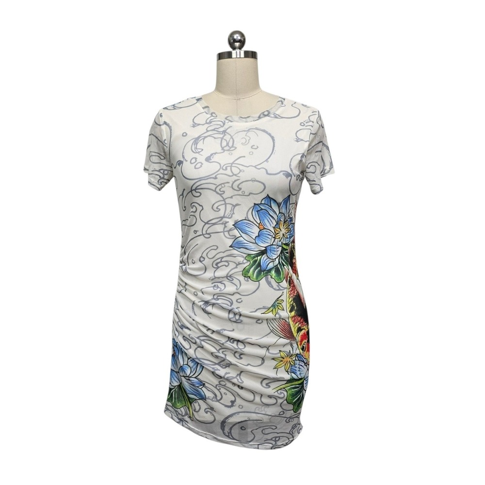 Ed Hardy Womens Ruched Bodycon Mini Dress White Tattoo Koi Fish Lotus Mesh Med